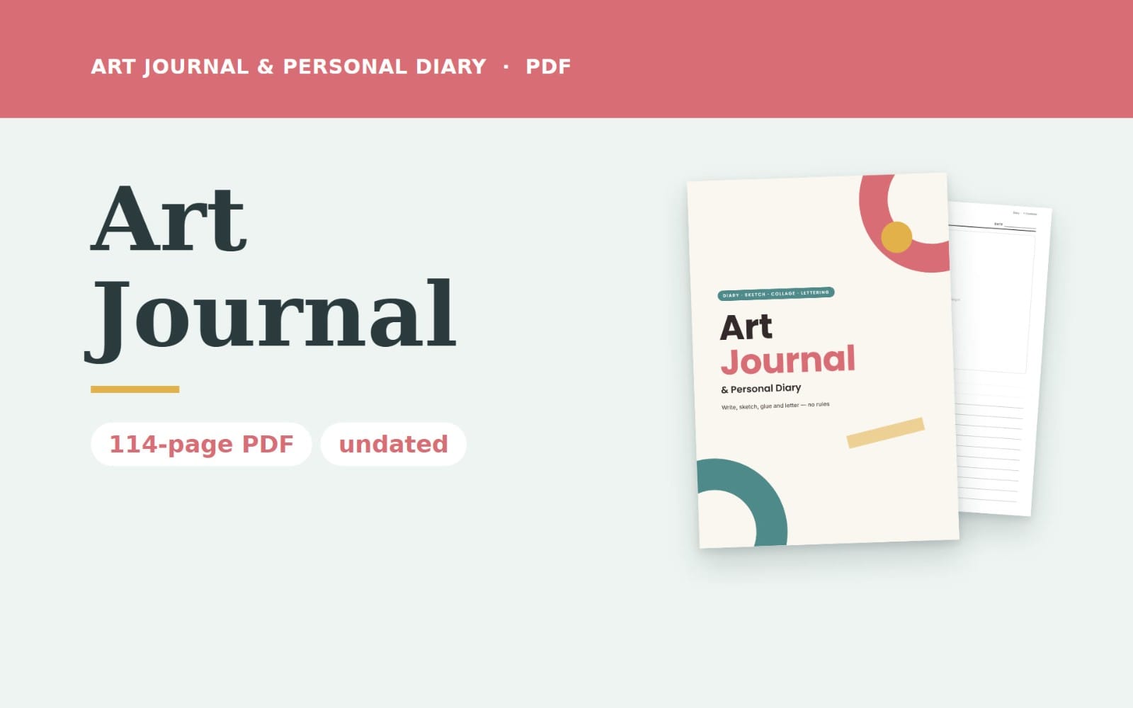 Art journal and personal diary PDF cover with stack of pages, sketch and lettering layout graphics, and title text
