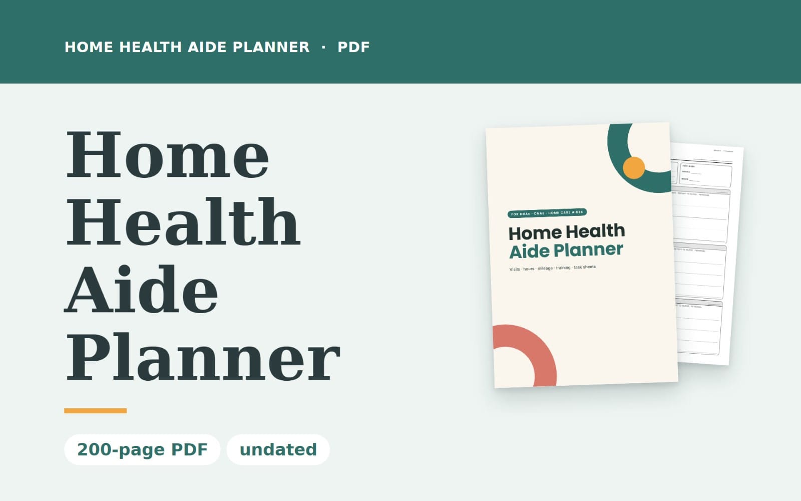 Home Health Aide Planner printable PDF cover with stacked task and log pages for CNA and caregiver planning