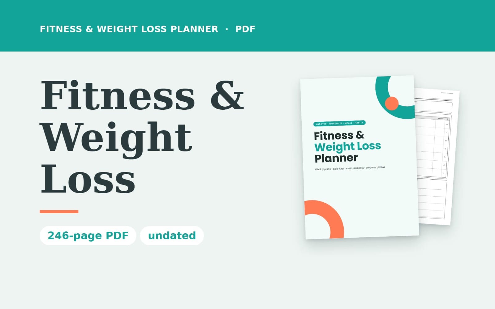 Fitness & Weight Loss Planner PDF cover with undated workout log, meal planner, habit tracker and body measurement