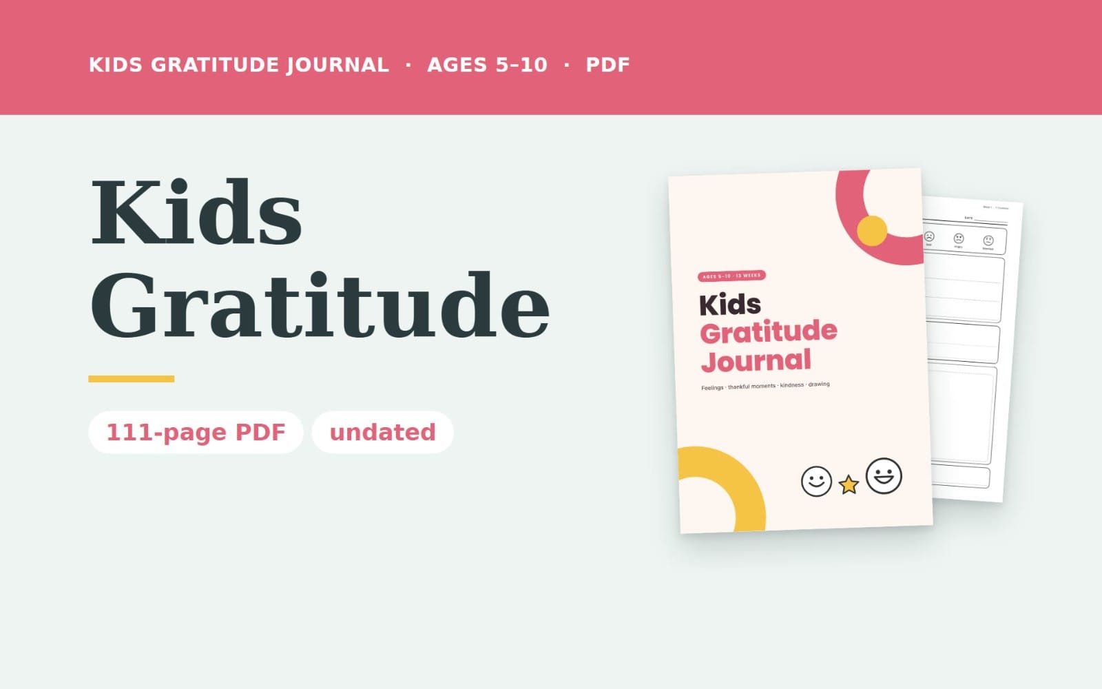 Kids Gratitude Journal PDF cover and prompt pages for ages 5–10 with smiling icons and drawing sections