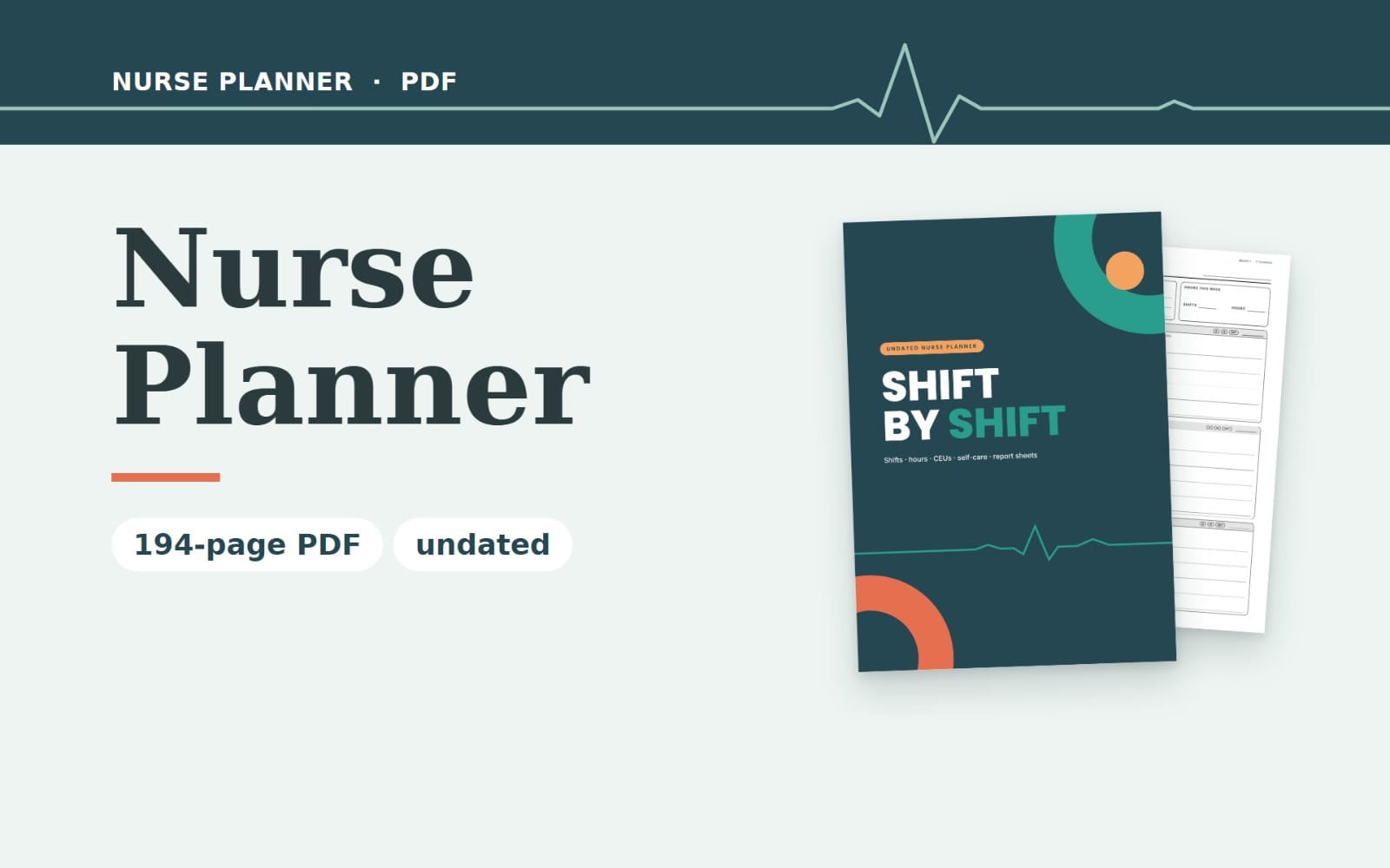 Undated Nurse Planner printable PDF cover with shift by shift layout, hours log and CEU tracker sheets stack