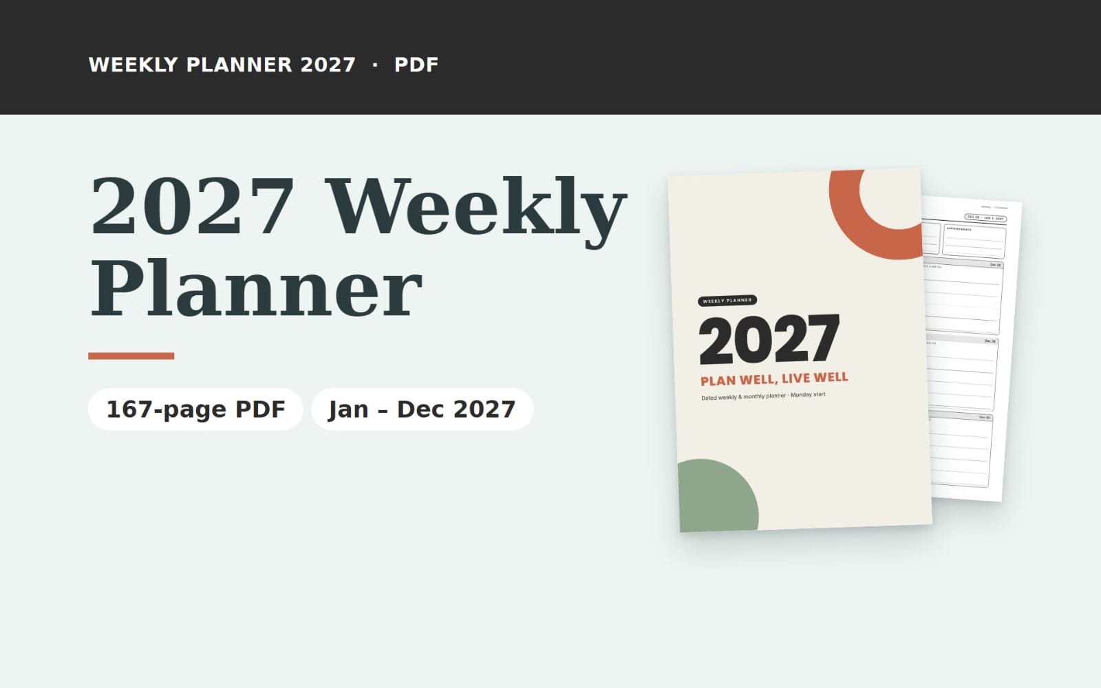 2027 Weekly Planner | Dated Weekly & Monthly Planner, Monday Start, Jan–Dec 2027 | Printable PDF, A4 & US Letter | GoodNotes Hyperlinked