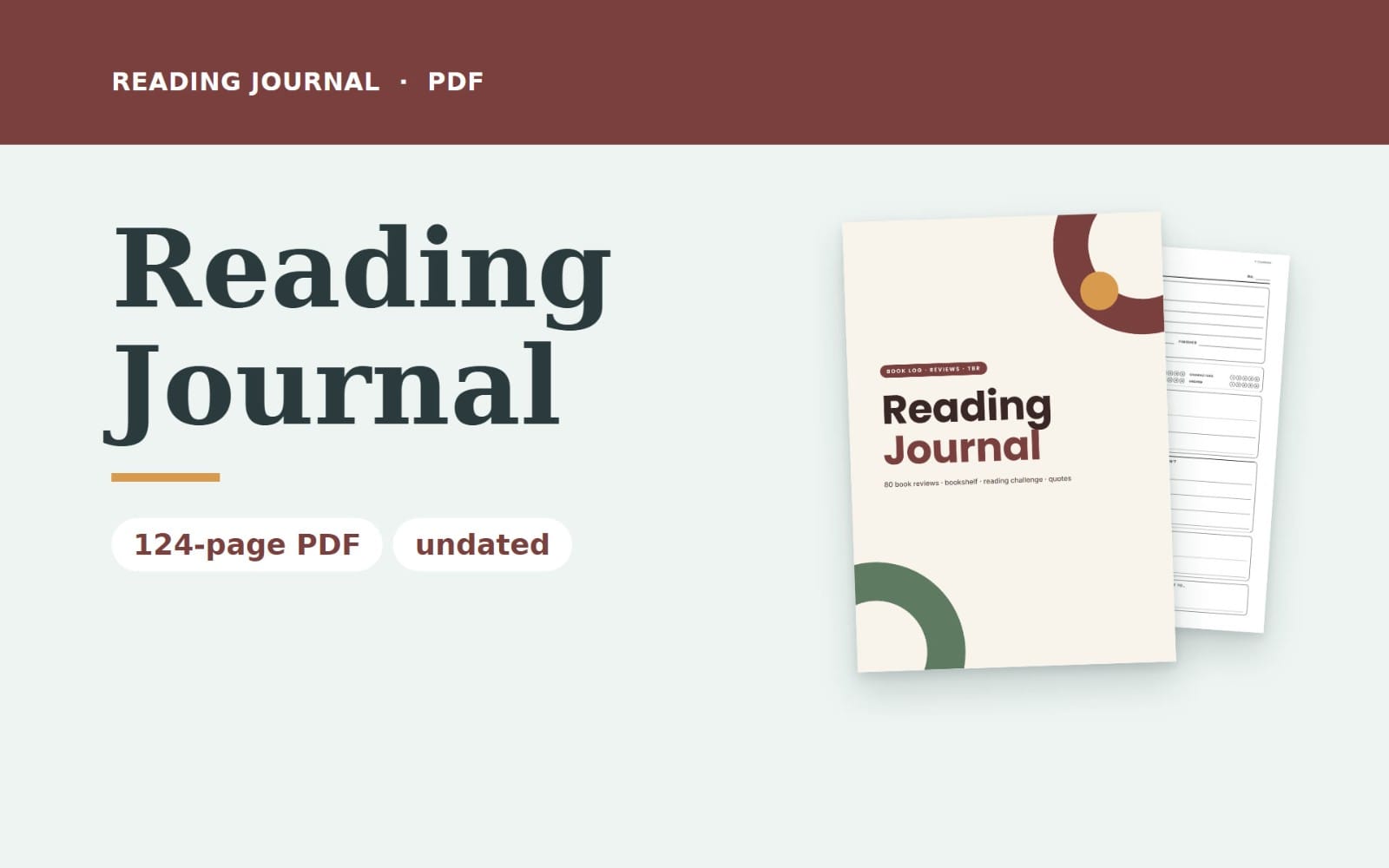 Reading Journal | Undated Book Tracker with 80 Book Reviews, Reading Log, TBR List, Bookshelf & Reading Challenge | Printable PDF