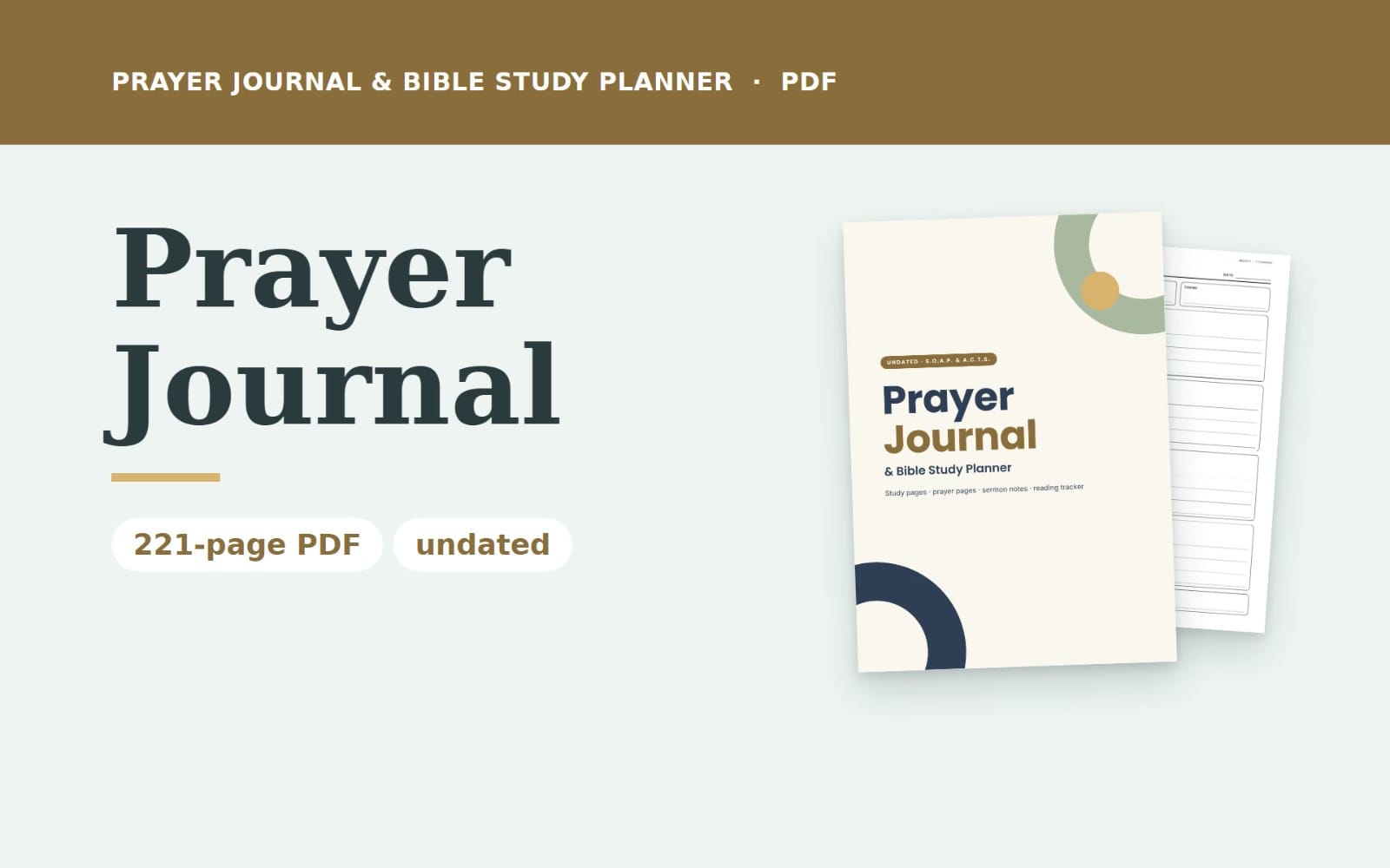 Undated prayer journal and bible study planner PDF cover with tabs and lined printable pages