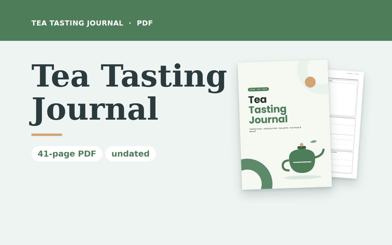 Tea Tasting Journal printable PDF cover with pages showing blank tea tasting notes and ratings layout
