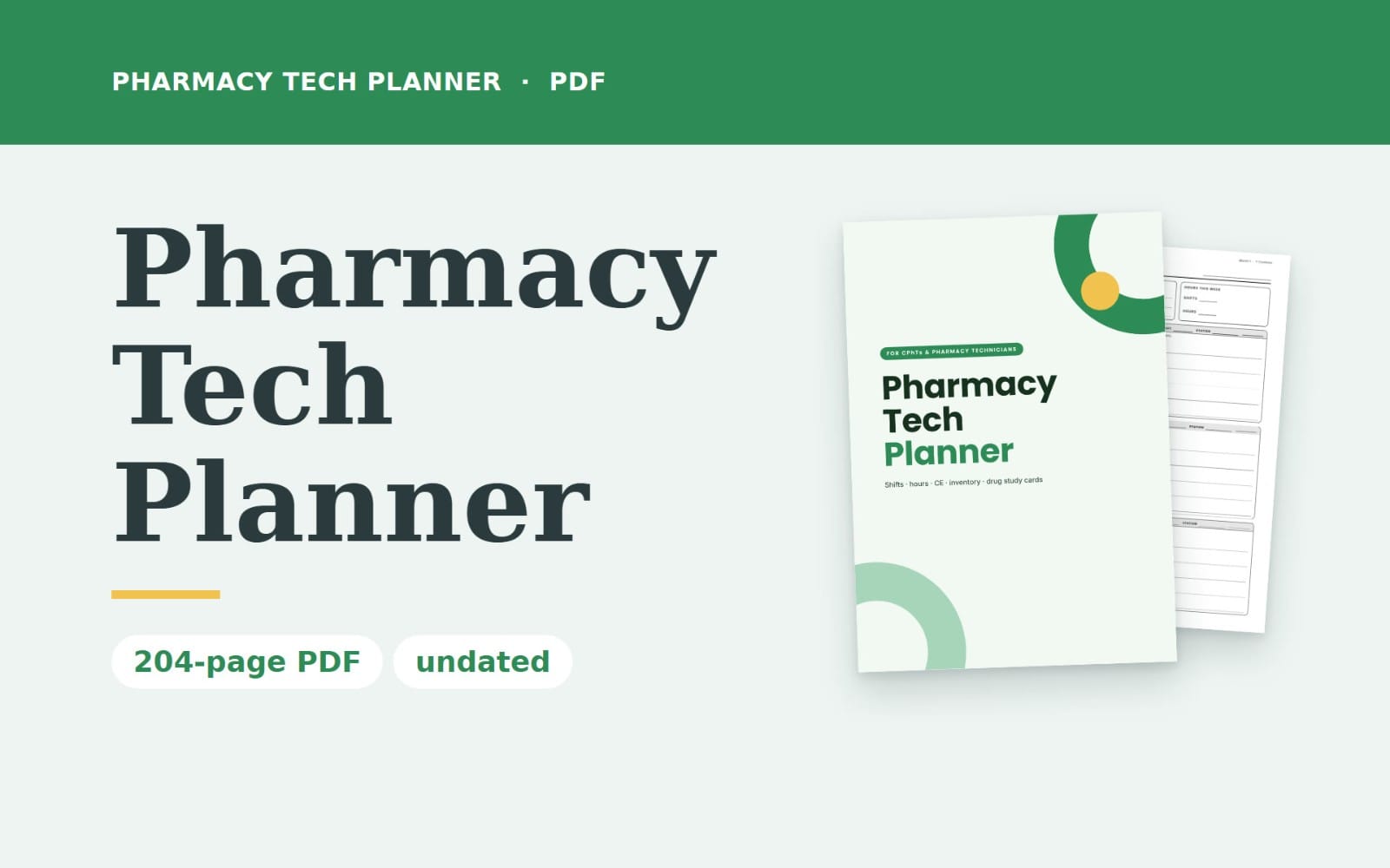 Pharmacy Tech Planner undated printable PDF product cover with stacked worksheets and schedule lines