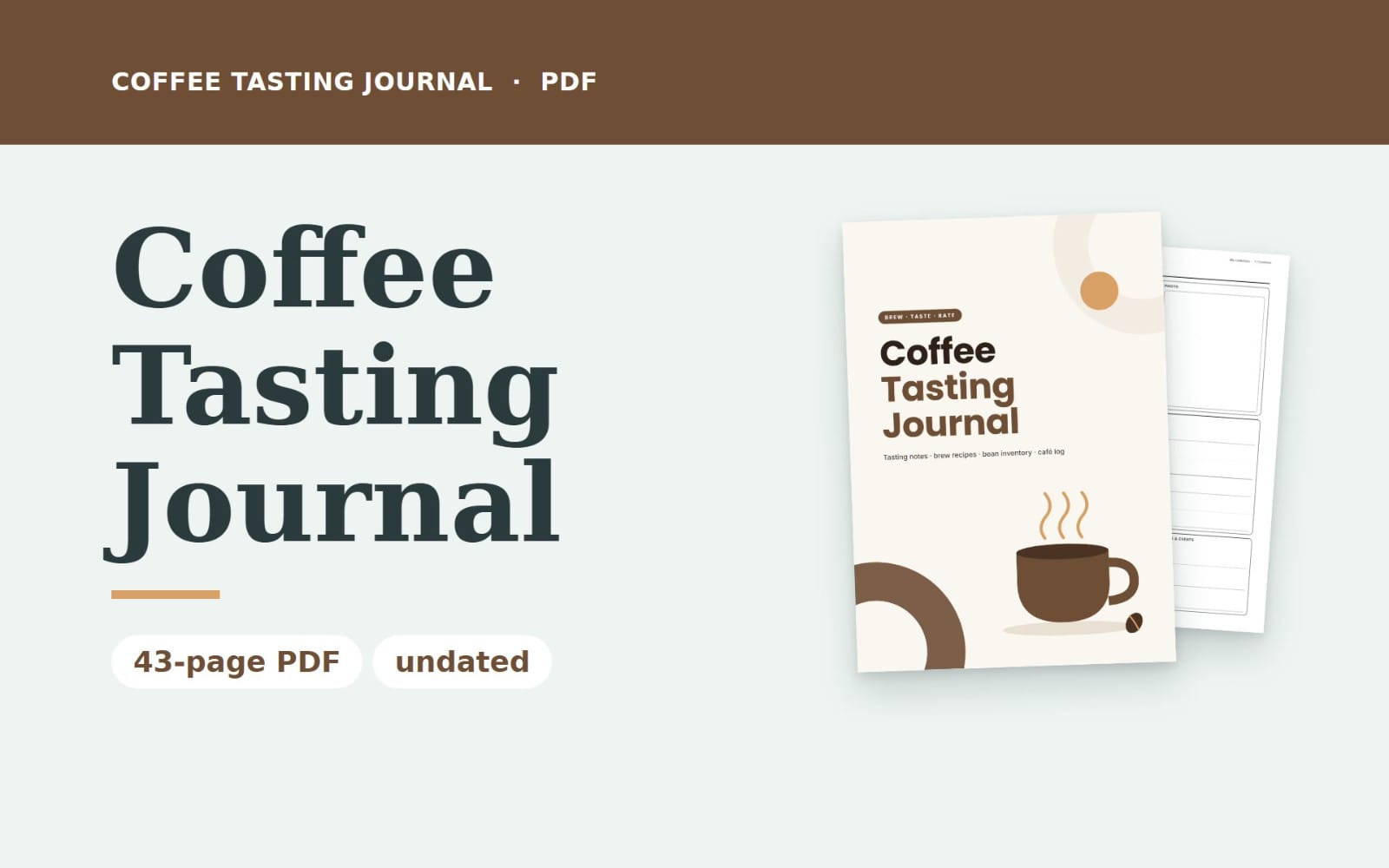 Coffee Tasting Journal PDF cover and preview sheets with cup icon for tracking brew recipes and ratings