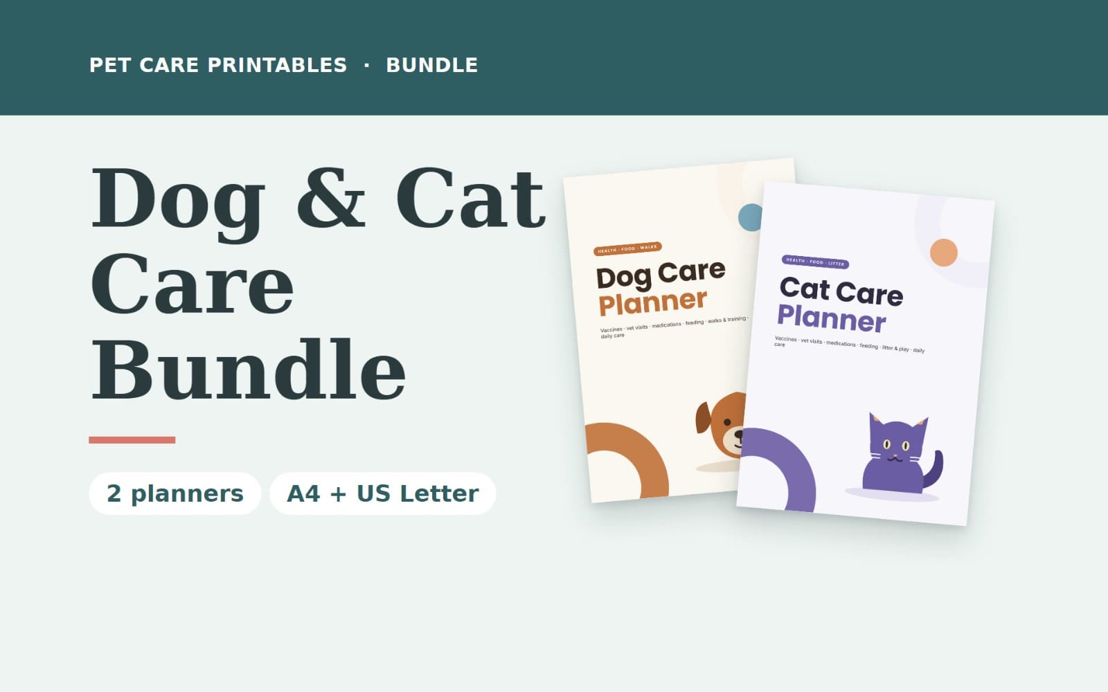 Printable dog and cat care planner bundle PDF cover designs with pet care tracker text and cat and dog icons