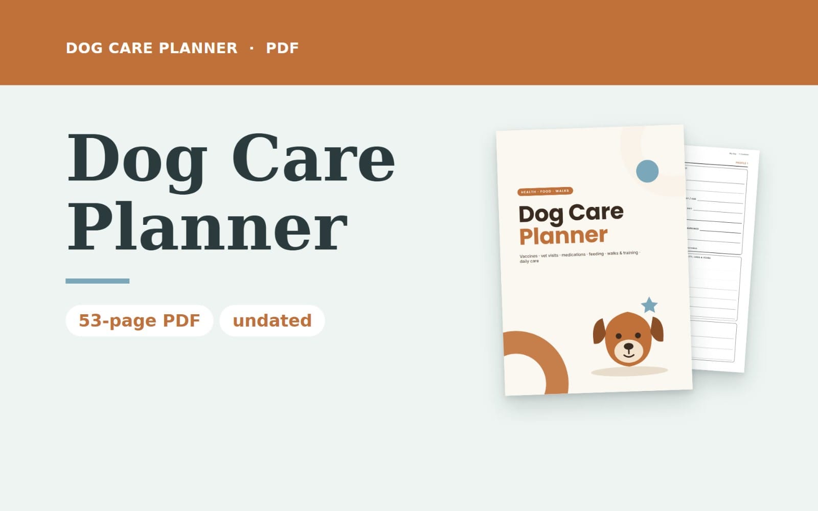 Dog Care Planner PDF cover with dog health record, vaccination log, feeding and walk tracking sheets
