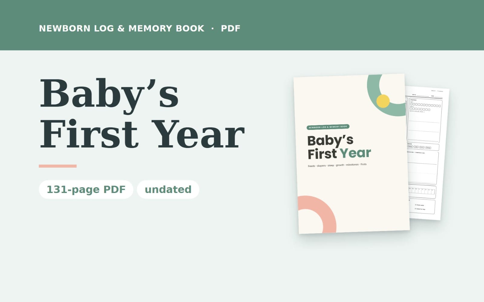 Baby’s First Year Log & Memory Book printable PDF cover and sample pages with newborn tracking sections