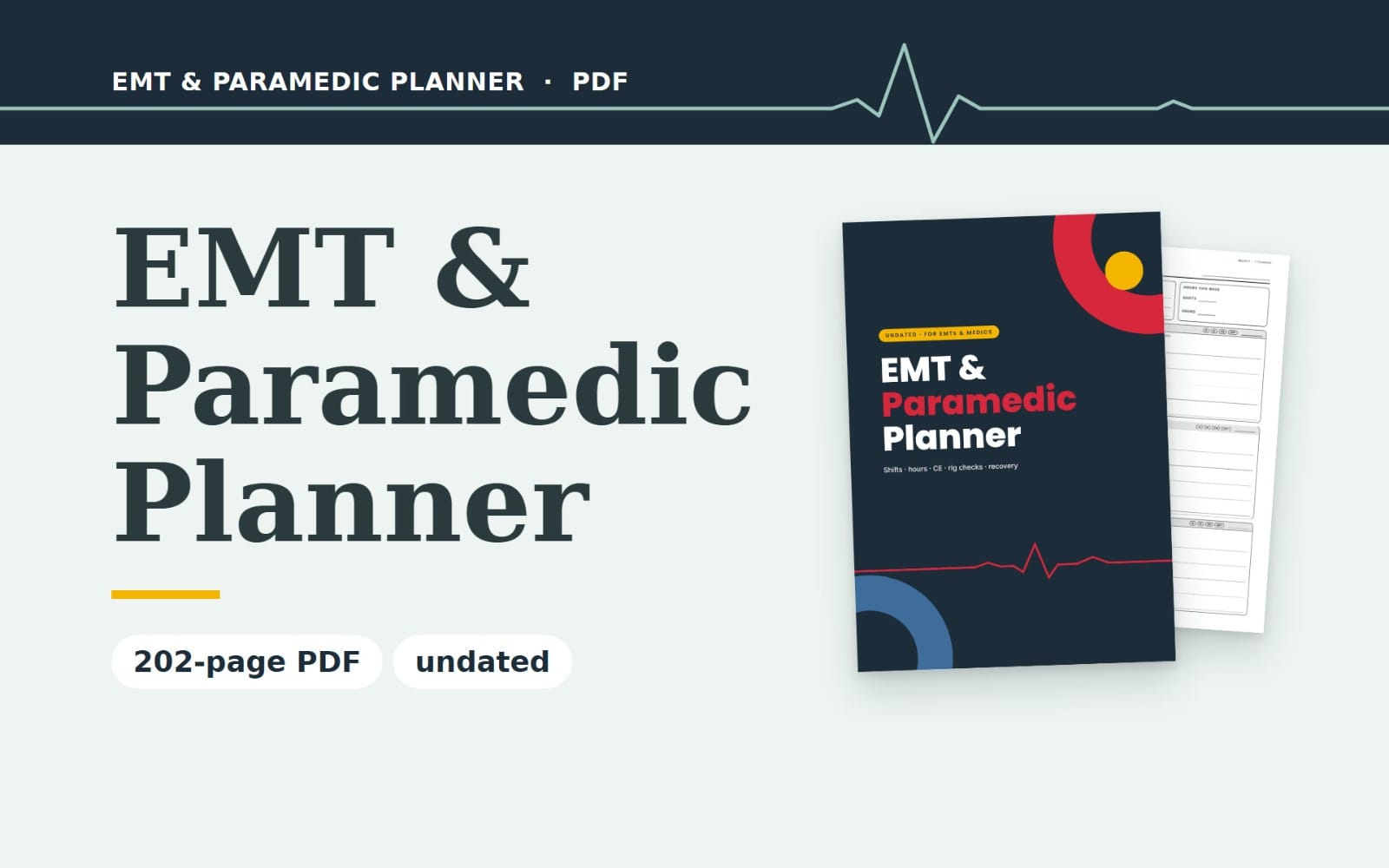 EMT & Paramedic Planner PDF showing undated EMS shift planner cover with printable pages and checklist sheets