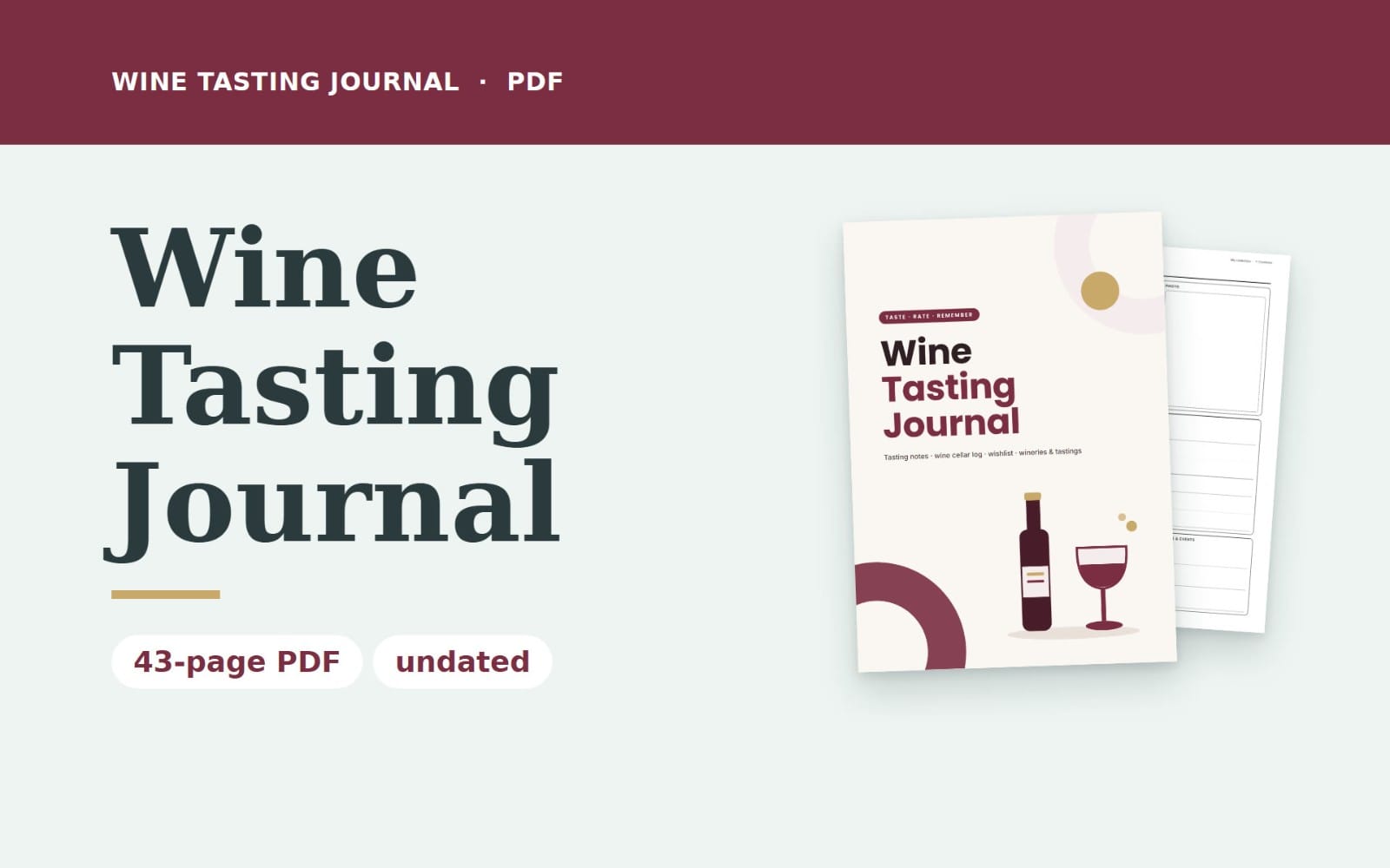 Wine tasting journal printable PDF cover design with pages for tasting notes and ratings