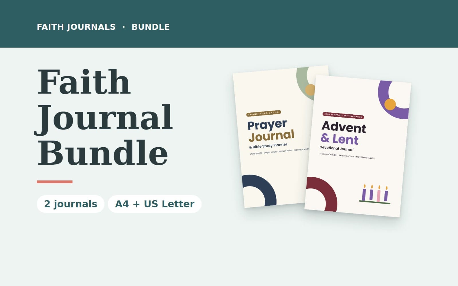 Faith journal bundle digital planner with Prayer Journal and Advent & Lent devotional covers on a light background