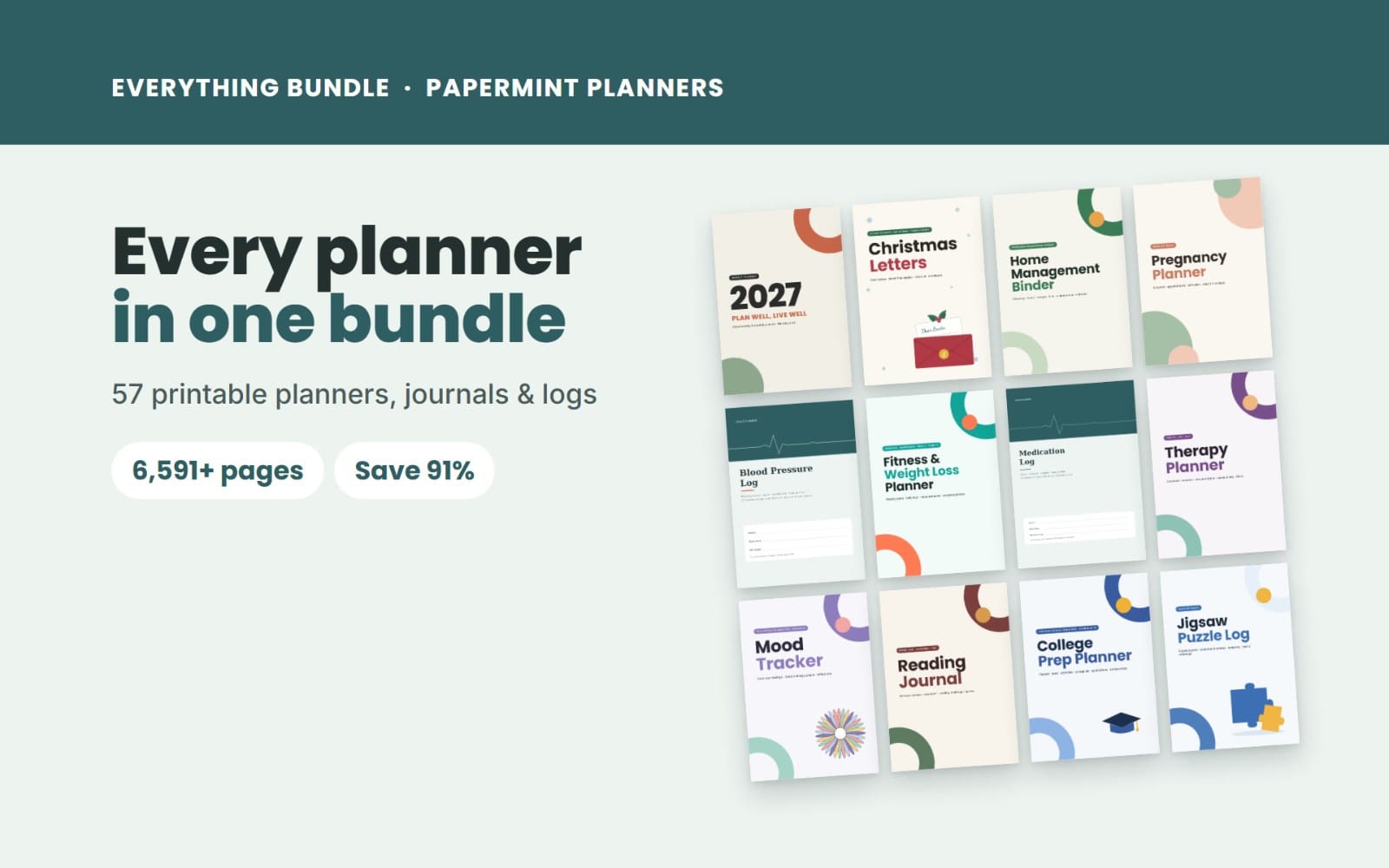 Promotional banner showing a bundle of 57 printable planners, journals, and logs on a grid with health and school covers