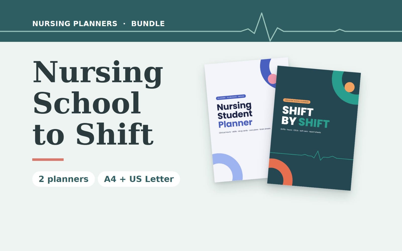 Nursing school printable planner bundle cover showing Nursing Student Planner and Shift By Shift PDF designs