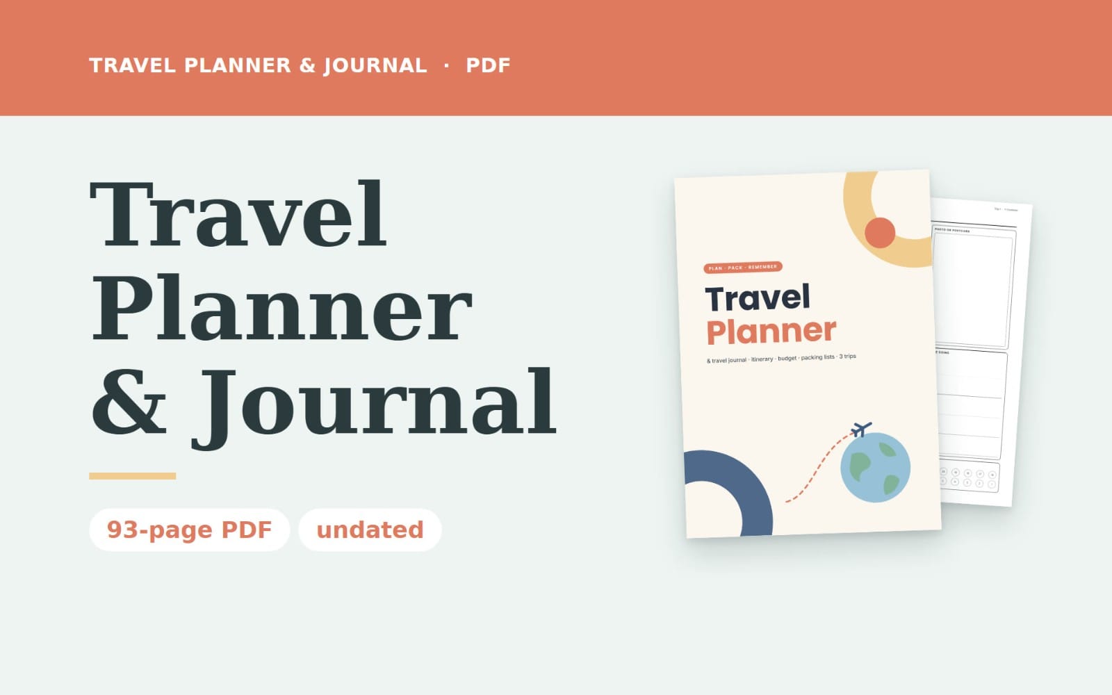 Travel Planner & Journal printable PDF cover with itinerary, budget, packing list and 30-day journal pages shown