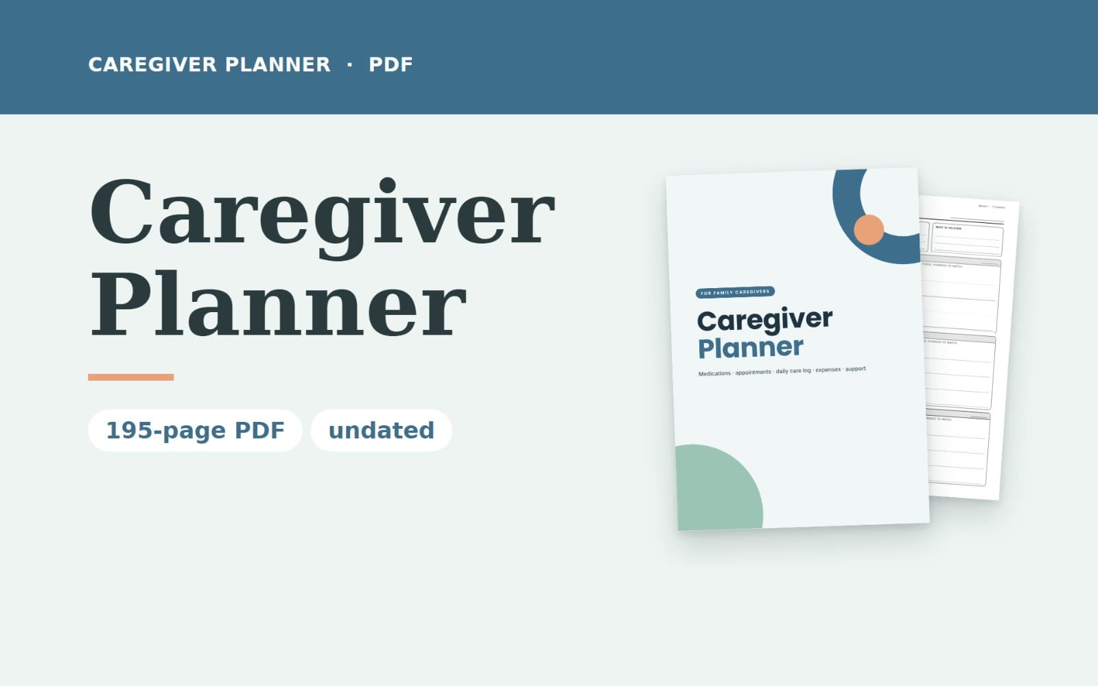Caregiver Planner PDF cover and stacked care log pages with medication and appointments templates for elderly caregivers