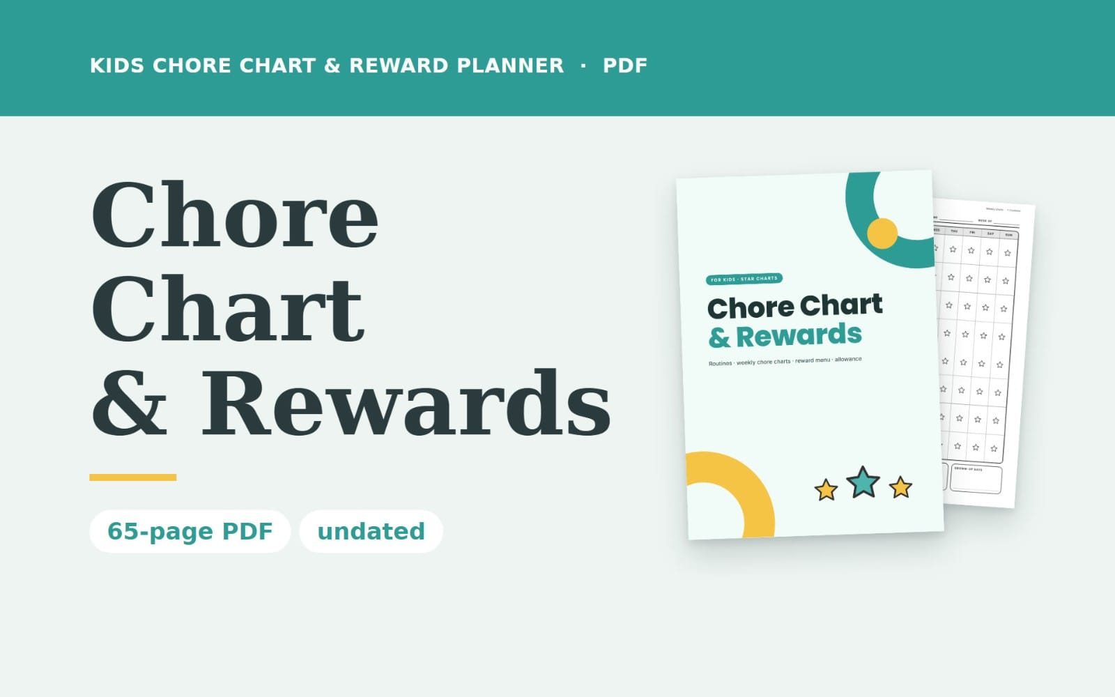Kids chore chart and rewards planner PDF cover with star charts on a paper sheet layout