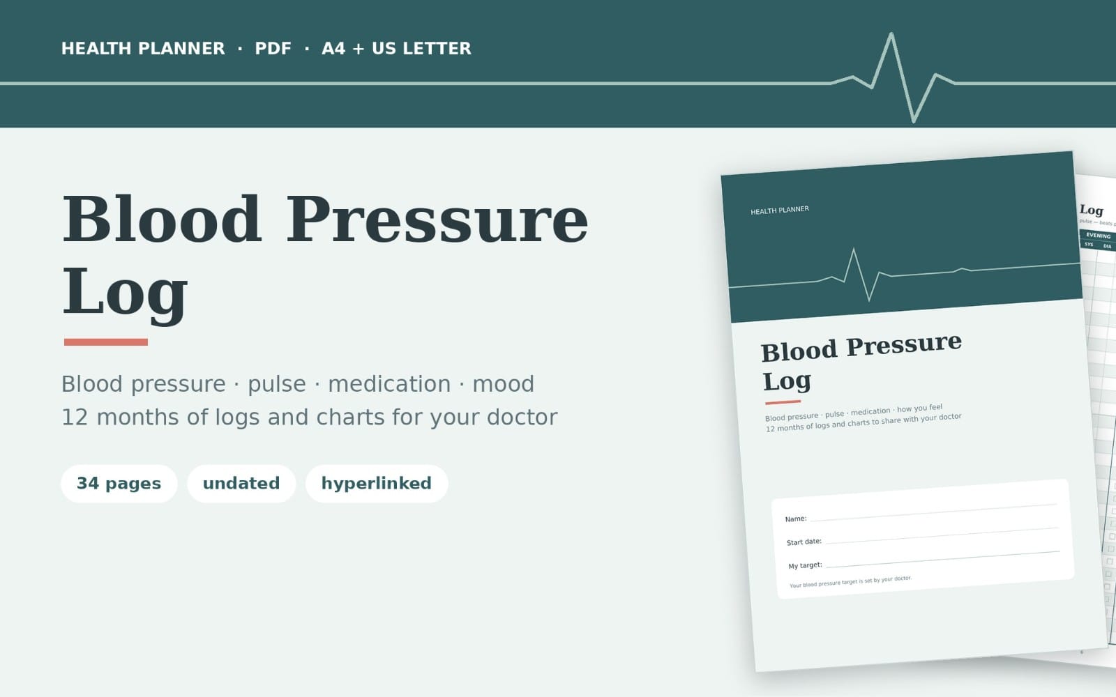Printable blood pressure log planner PDF cover with charts and tracking fields for undated 12-month use