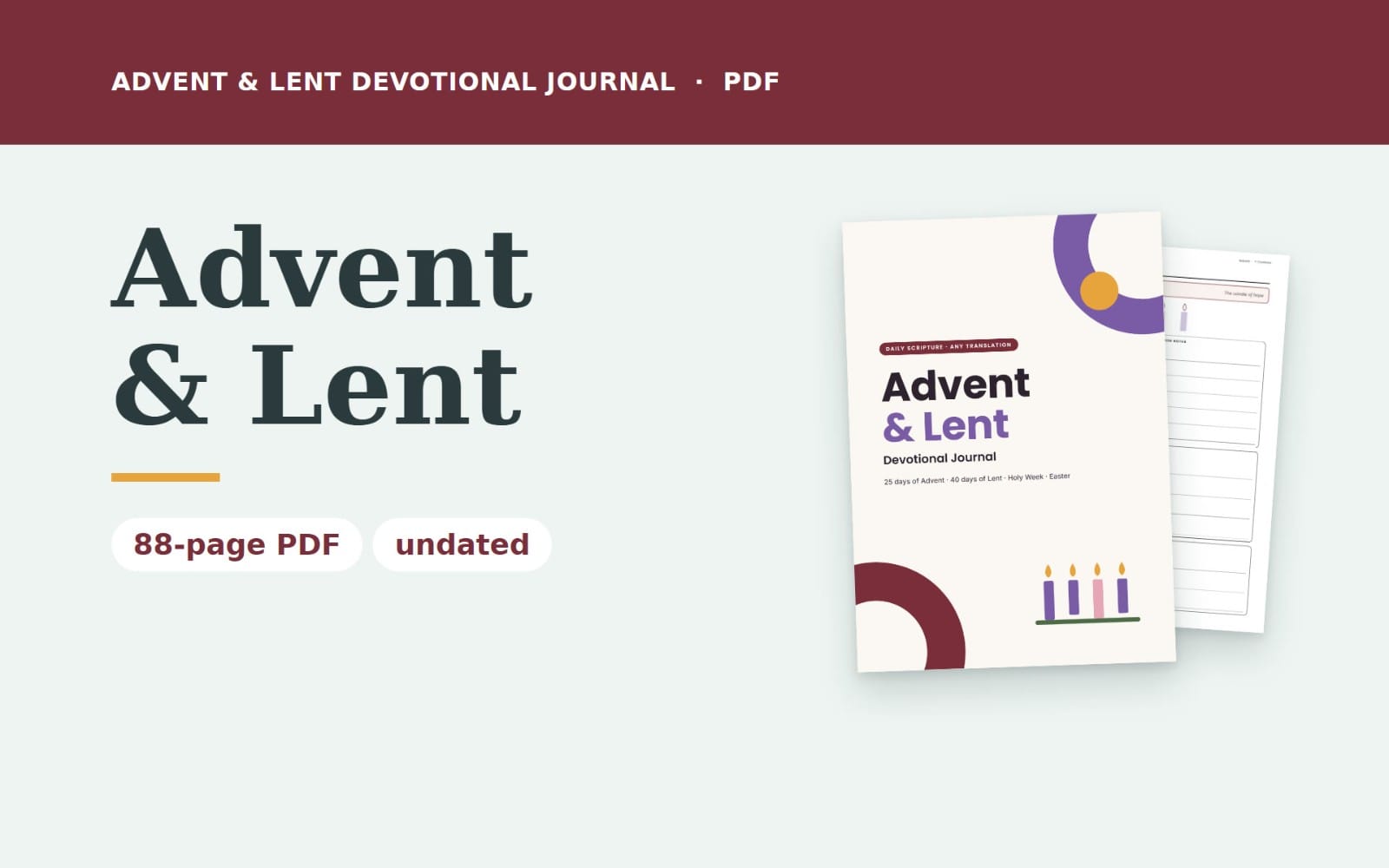 Advent & Lent devotional journal PDF cover with candles icon and printable reflection page layout shown