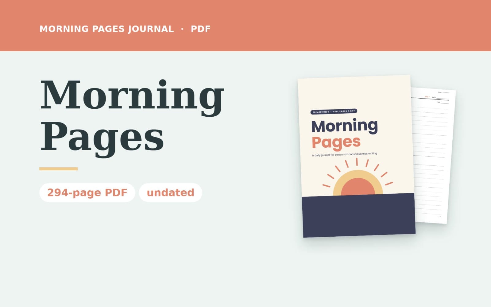 Morning Pages Journal PDF cover and pages with undated 90-day stream-of-consciousness writing and habit tracker layout