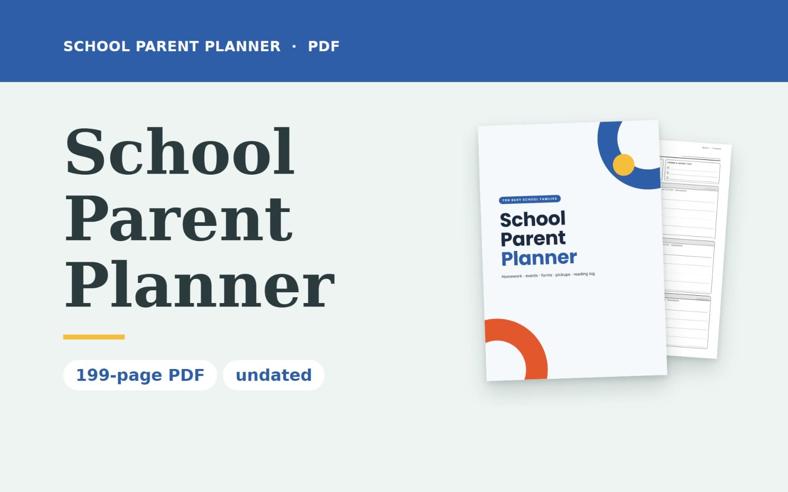 Undated school parent planner PDF with stacked printable pages showing homework, events, forms, pickups, and reading log