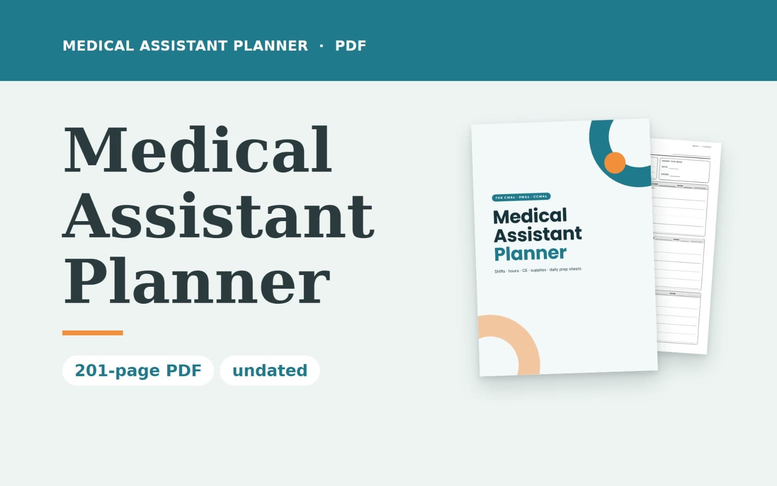 Undated medical assistant planner PDF cover with printable pages displayed on a light background
