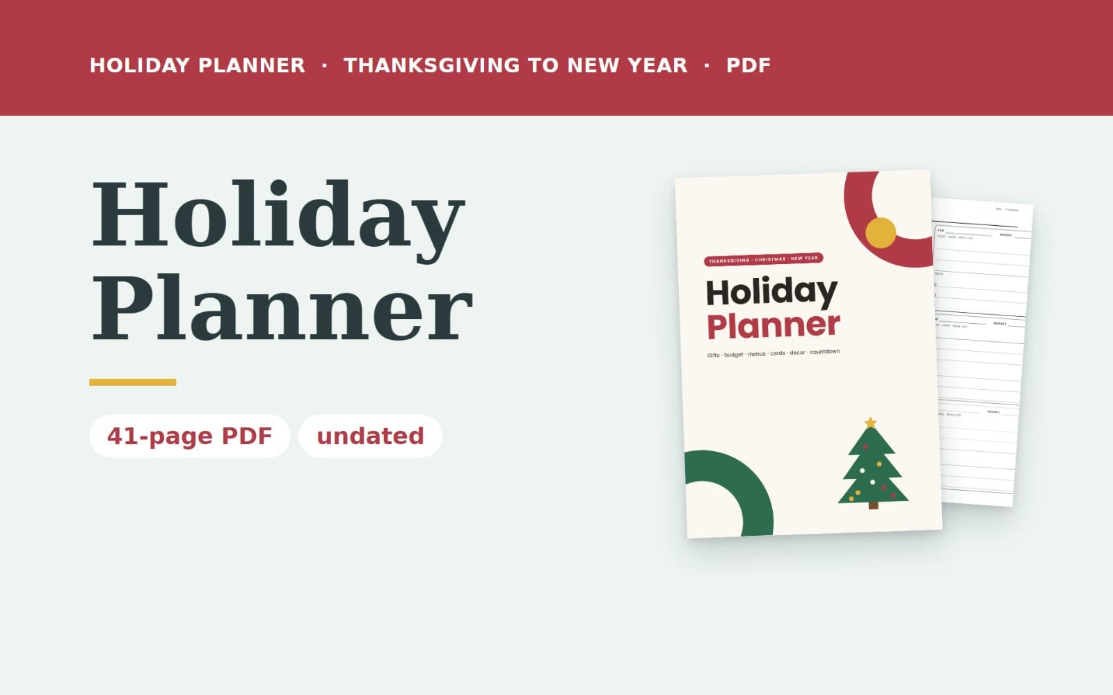 Holiday Planner PDF organizer pages with gift list, budget, menu planner, card list and countdown for Christmas and