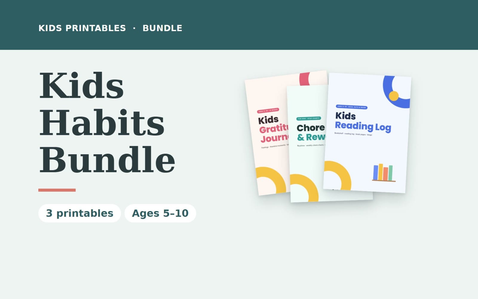 Kids habits printable bundle pack with gratitude journal, chore chart reward planner, and reading log sheets for ages
