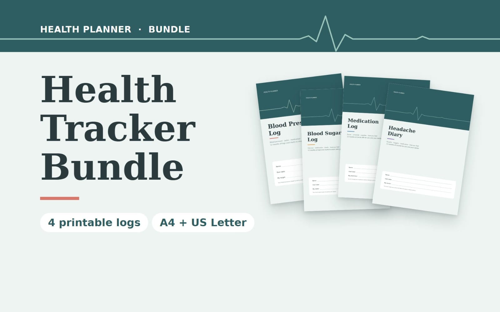 Health Tracker Bundle | Blood Pressure, Blood Sugar, Medication & Headache Logs | Printable PDF, A4 & US Letter | GoodNotes