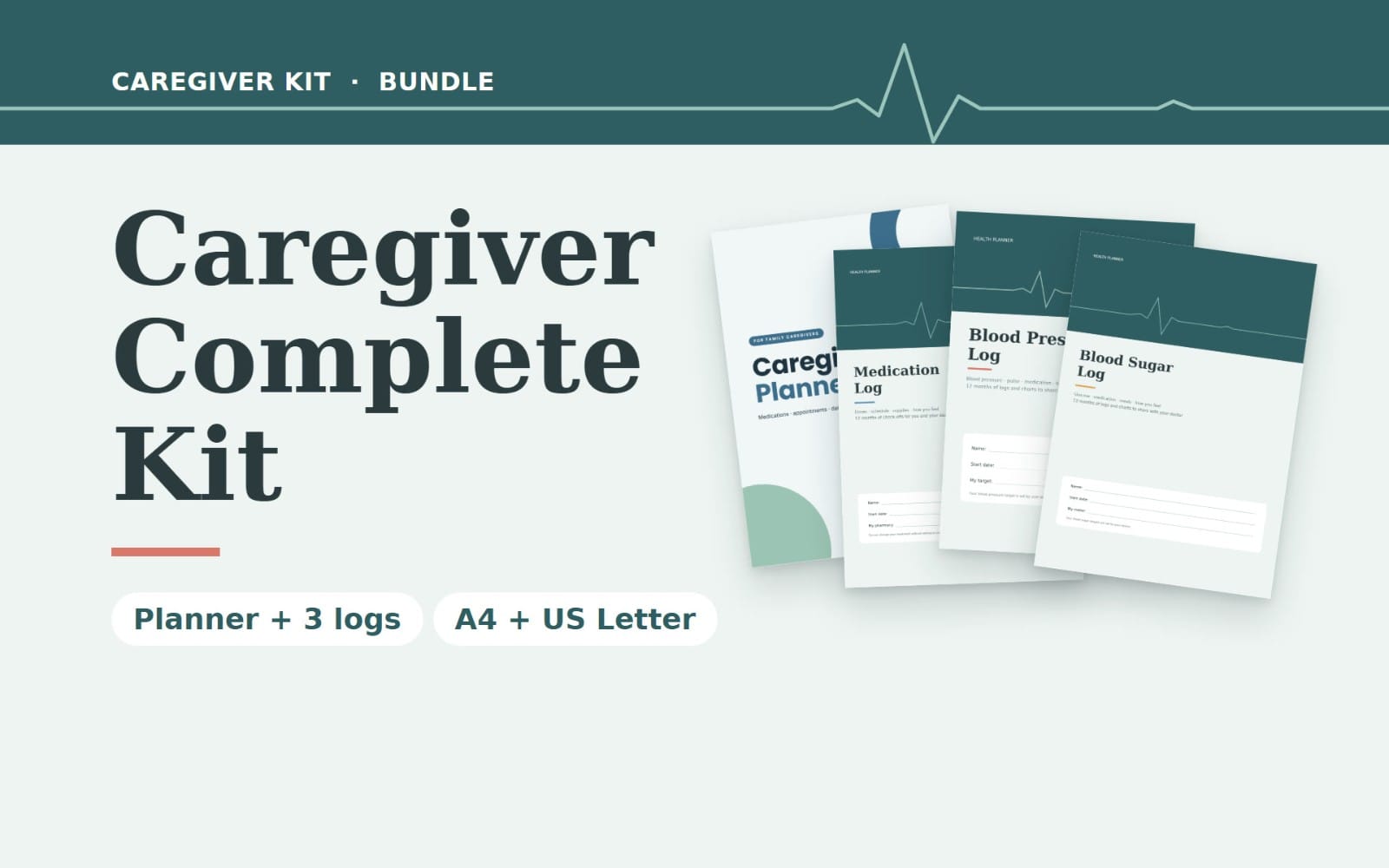 Caregiver Complete Kit | Caregiver Planner + Medication, Blood Pressure & Blood Sugar Logs | Elderly Care Bundle | Printable PDF, A4 & US Letter