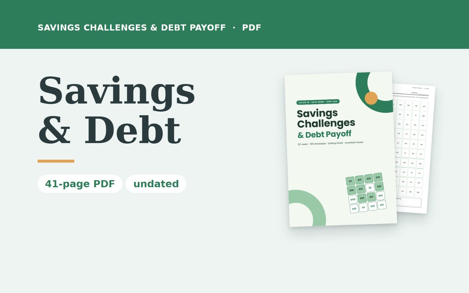 Savings Challenges & Debt Payoff tracker PDF cover with 52-week and 100-envelope savings chart layout