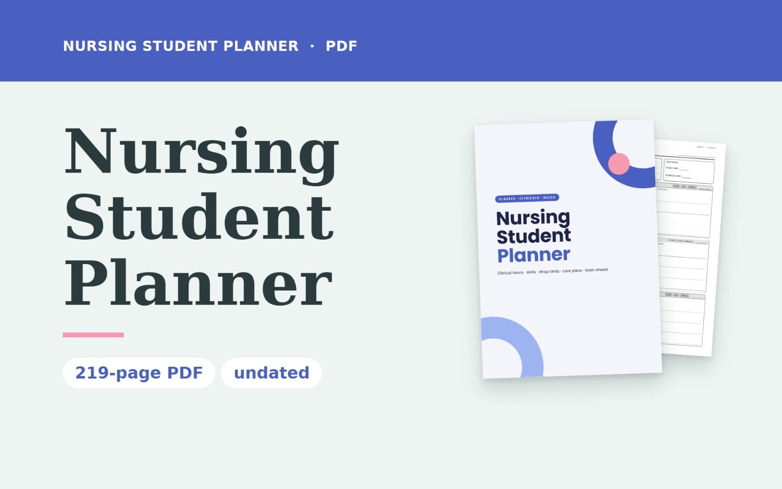 Undated nursing student planner PDF cover with clinical hours and care plan pages shown on a digital mockup