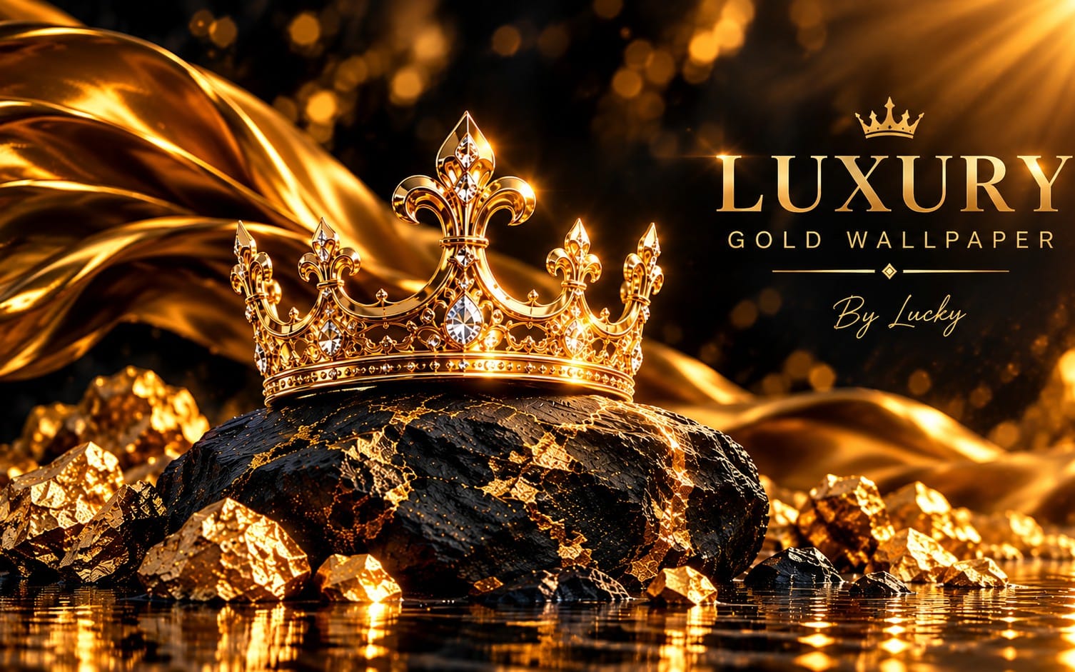Gold crown and luxe gold wallpaper design with sparkling sphere and swirling golden light effects