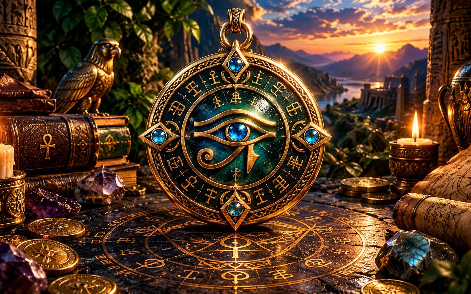 Ornate ancient lucky talisman with blue runes and gemstone, set on a mystical zodiac-style chart