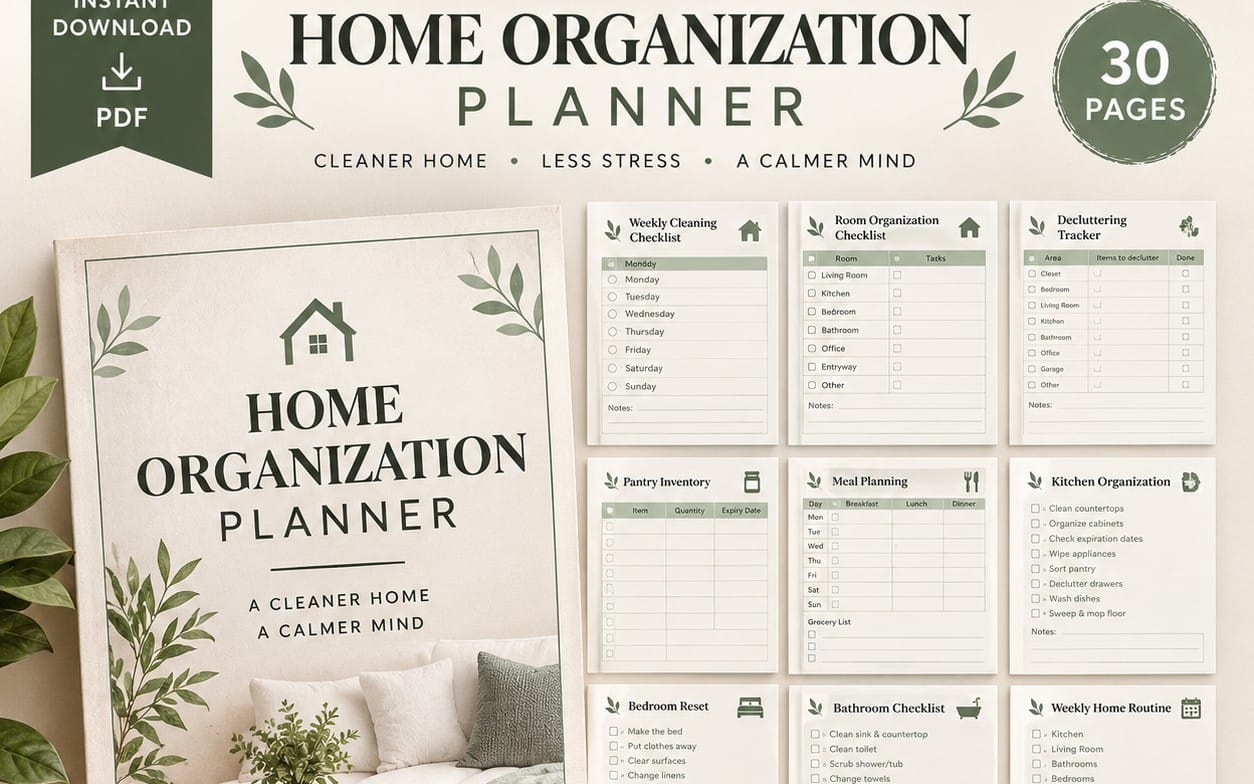 Home Organization Planner PDF mockup with 30 printable page checklists and trackers on a green themed layout