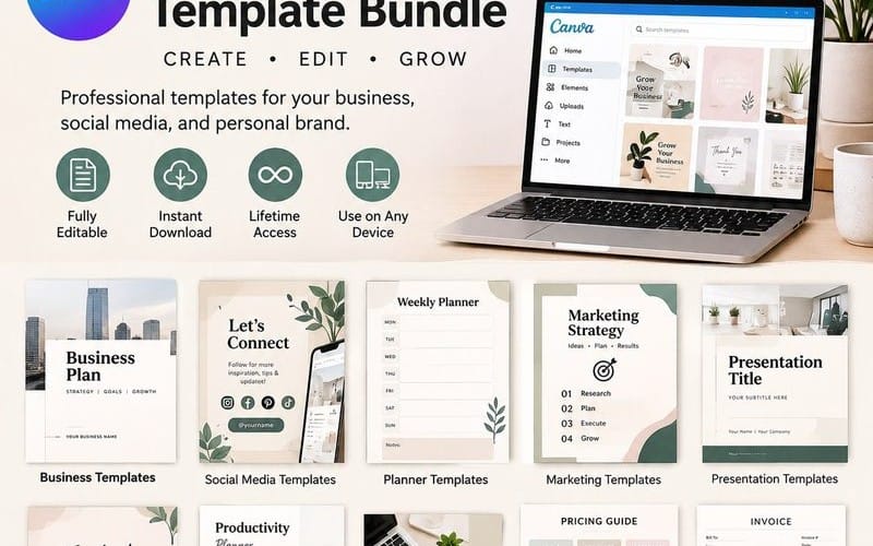 Canva template bundle preview showing 15 editable business and marketing slide, planner, and social media designs