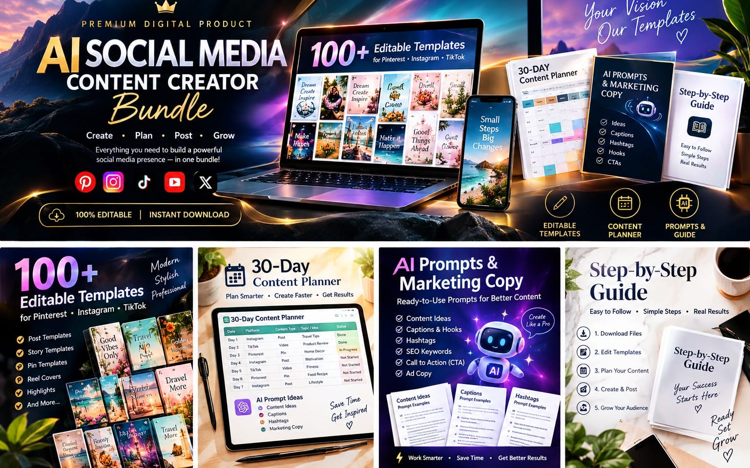 Promotional banner for an AI social media content creator bundle with editable template covers, planner pages, prompts