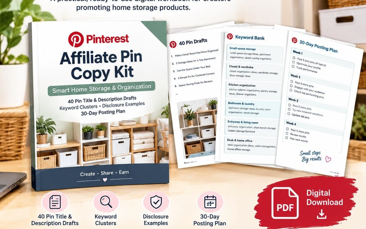 Pinterest Affiliate Pin Copy Kit digital download with booklet cover and 40 pin draft and posting plan pages on table