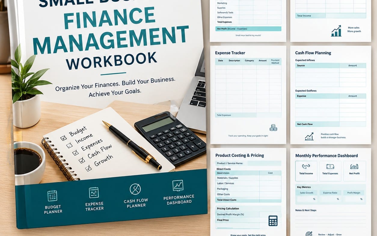 Small business finance management workbook pages displayed with expense tracker and cash flow planner on a desk with