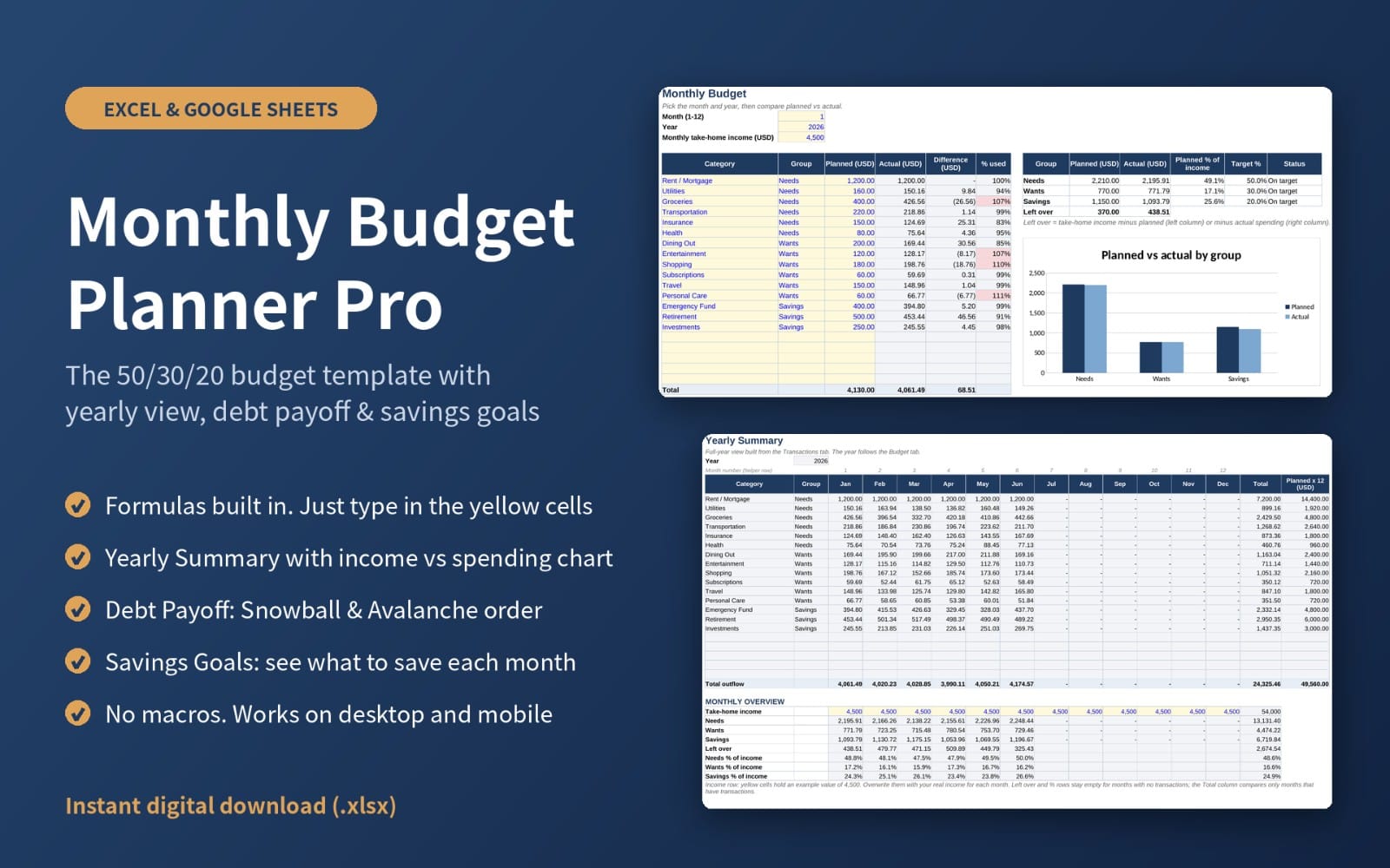 Monthly Budget Planner Pro (50/30/20) — Debt Payoff & Savings Goals | Excel & Google Sheets