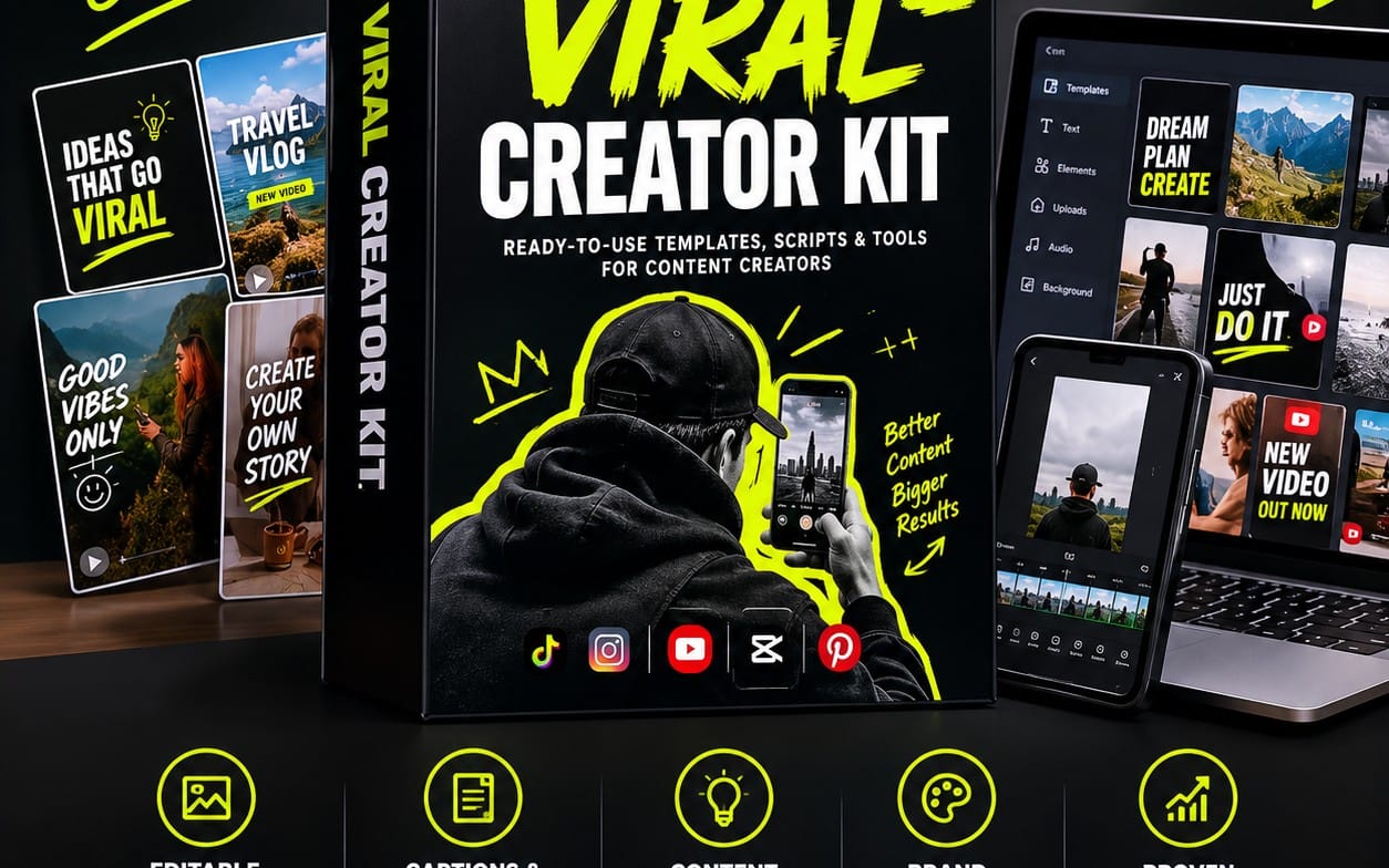 Viral Creator Kit faceless content creation bundle with laptop and phone mockups showing social media templates