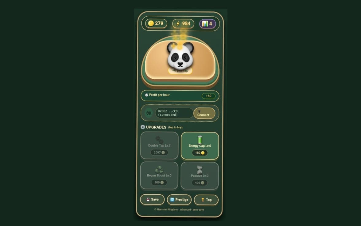 Mobile HTML5 tap clicker game UI with panda icon, coins, upgrades, and connect buttons template