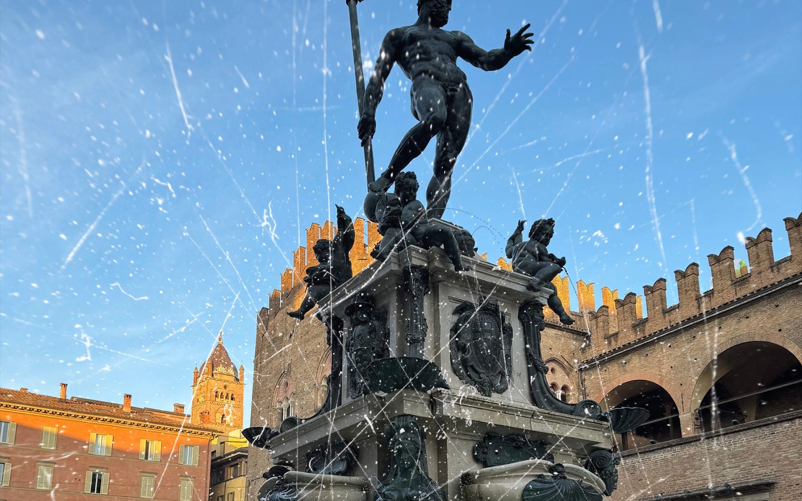 Cinematic city fountain sculpture with visible scratches and dust speckles overlay for digital image background