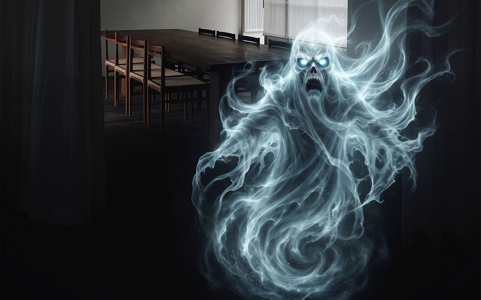 Spooky blue translucent ghost overlay with glowing eyes and ghostly flames over a dark room background