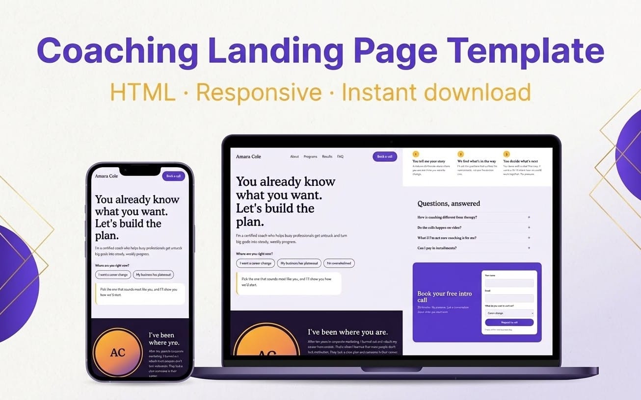 Responsive coaching landing page template preview on laptop and smartphone with booking form sections