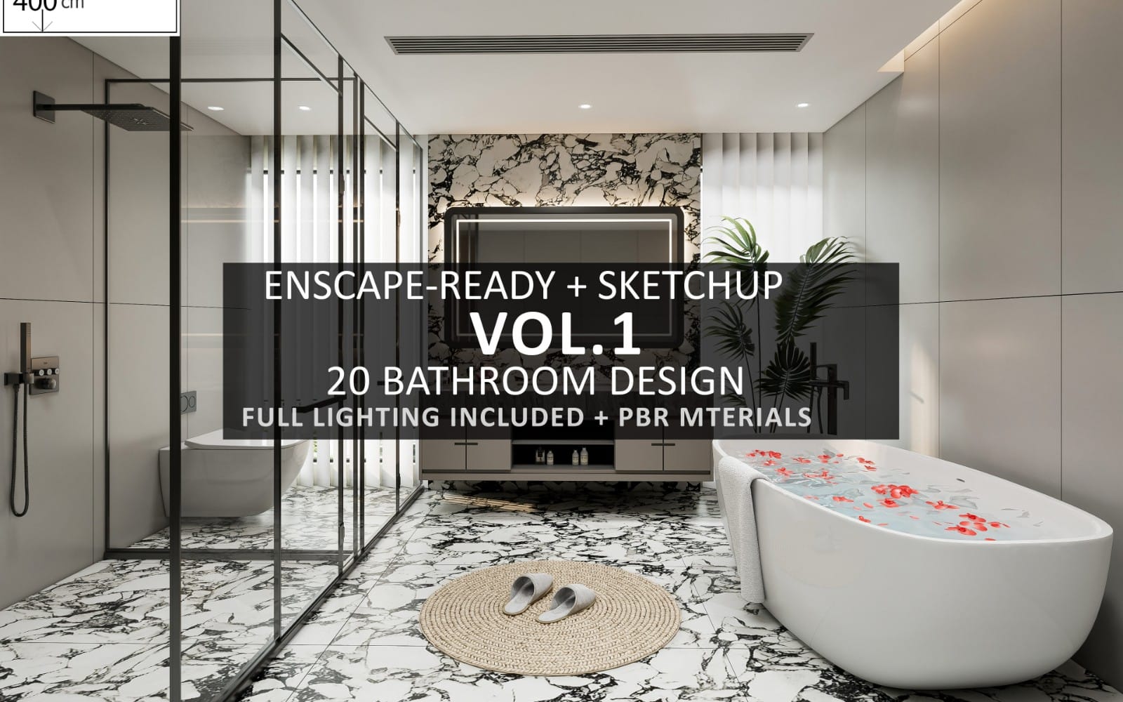 Modern bathroom interior render with bathtub and shower, Enscape-ready SketchUp pack cover showing Vol 1 20 models