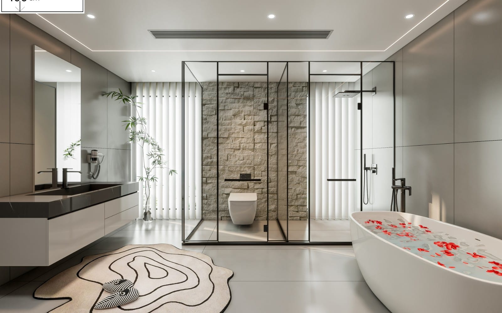 Modern bathroom interior 3D render with glass shower, stone wall, bathtub, and ambient lighting scene