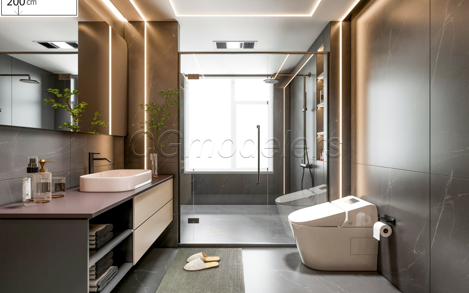 Modern bathroom 3D render interior with illuminated vanity, shower enclosure, toilet, and PBR materials lighting