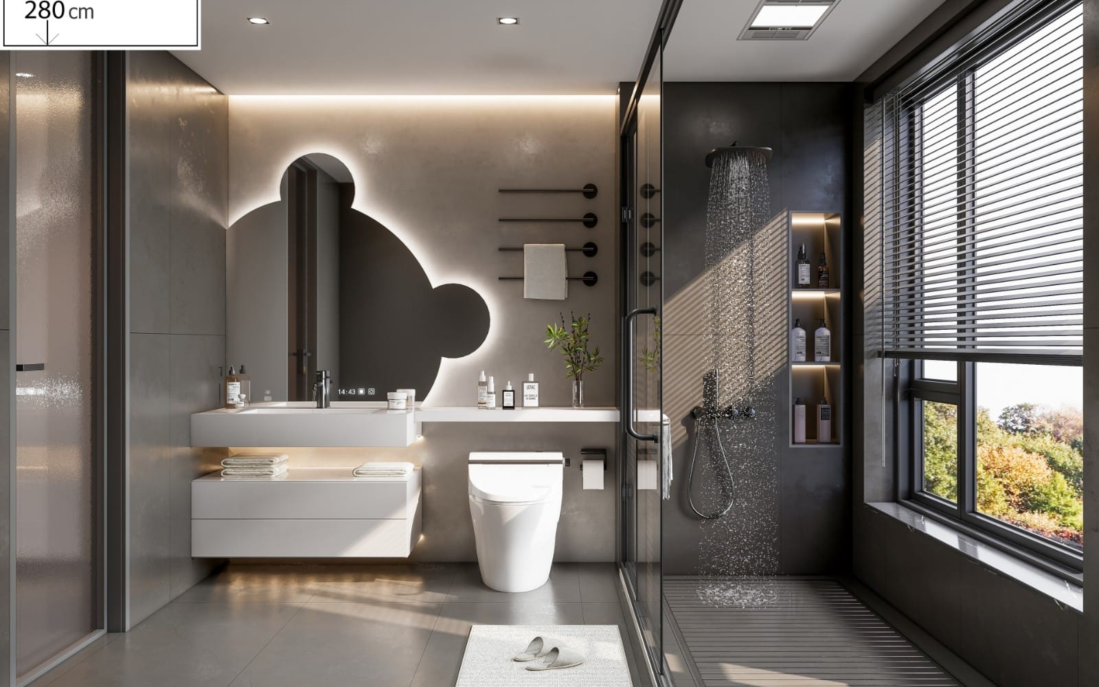 Modern bathroom interior 3D render with vanity, toilet, shower, and rainfall curtain in a SketchUp Enscape scene